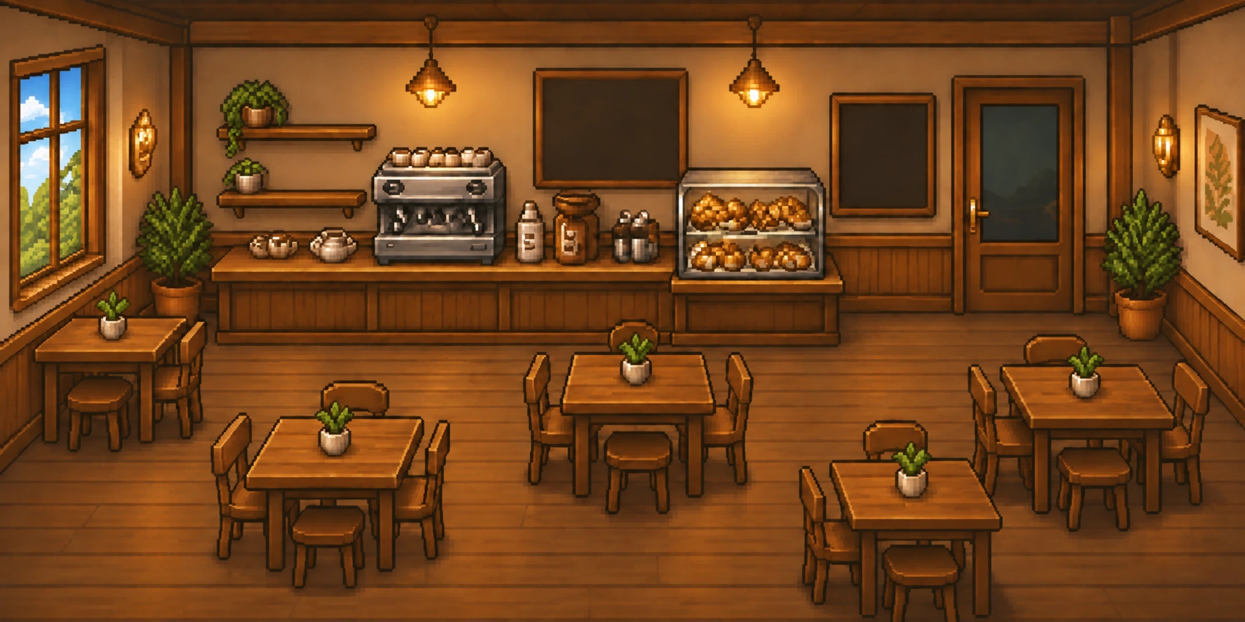 A warm pixel-art cafe with wooden tables, hanging lights and a pastry counter.